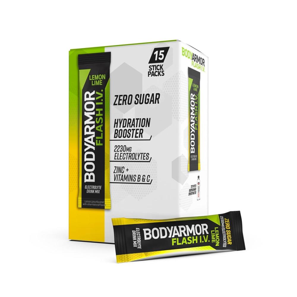 imageBODYARMOR Flash IV Electrolyte Packets Lemon Lime Zero Sugar Drink Mix Single Serve Packs Coconut Water Powder 15 CountLemon Lime