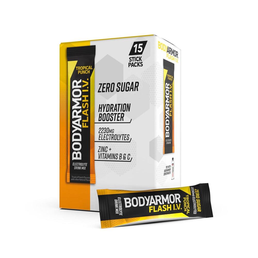imageBODYARMOR Flash IV Electrolyte Packets Lemon Lime Zero Sugar Drink Mix Single Serve Packs Coconut Water Powder 15 CountTropical Punch