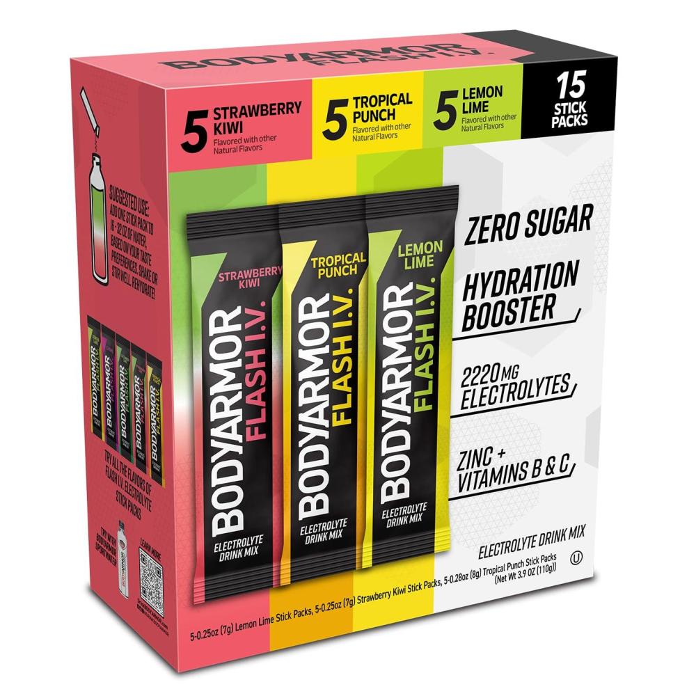 imageBODYARMOR Flash IV Electrolyte Packets Lemon Lime Zero Sugar Drink Mix Single Serve Packs Coconut Water Powder 15 CountVariety Pack