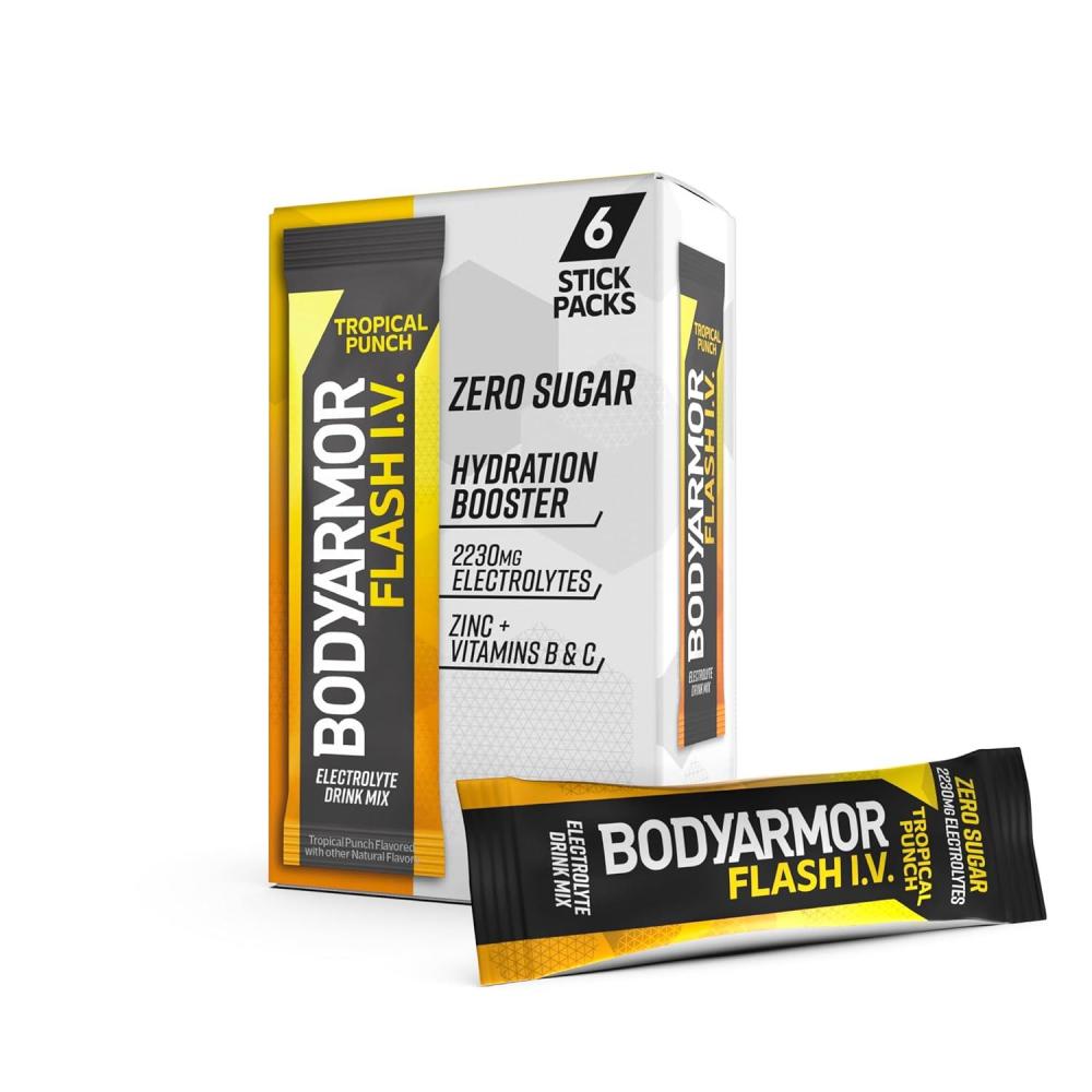 imageBODYARMOR Flash IV Electrolyte Packets Tropical Punch Zero Sugar Drink Mix Single Serve Packs Coconut Water Powder 6 Count