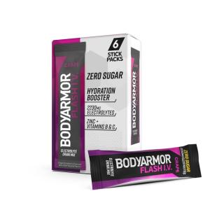 BODYARMOR Flash IV Electrolyte Packets, Grape – Zero Sugar Drink Mix, Single Serve Packs, Coconut Water Powder (6 Count)